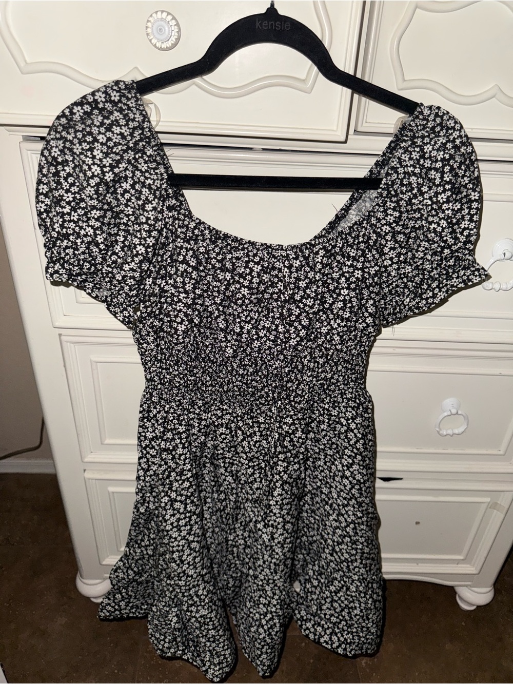 Black and White Floral Puff-Sleeve Mini Dress